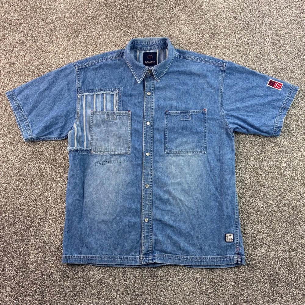 Vintage Bugle Boy Denim Shirt Mens XL Blue Cotton Patchwork Snap Button